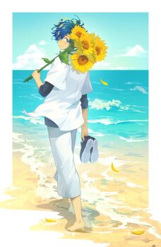 Rule 34 | 1boy, alternate costume, aqua eyes, astel leda, barefoot, beach, blonde hair, blue eyes, blue hair, blue sky, border, commentary, flower, from behind, full body, hair between eyes, highres, holding, holding flower, holding shoes, holding unworn clothes, holostars, layered sleeves, long sleeves, looking back, male focus, mono (bluesky), multicolored hair, ocean, outdoors, pants, shirt, shoes, shore, short hair, short over long sleeves, short sleeves, sky, smile, streaked hair, sunflower, symbol-only commentary, two-tone hair, unworn shoes, virtual youtuber, walking, waves, white border, white shirt
