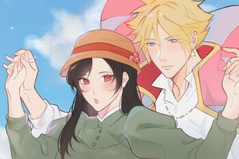 Rule 34 | 1boy, 1girl, black hair, blonde hair, blue eyes, blue gem, blue sky, blush, closed mouth, cloud, cloud strife, cloudy sky, coat, coat on shoulders, collared shirt, commentary, cosplay, dress, earrings, english commentary, final fantasy, final fantasy vii, final fantasy vii remake, gem, gold trim, green dress, hair between eyes, hands up, hat, hetero, highres, holding hands, howl (howl no ugoku shiro), howl (howl no ugoku shiro) (cosplay), howl no ugoku shiro, jewelry, juliet sleeves, lipgloss, long hair, long sleeves, necklace, parted lips, pink coat, pink lips, poey, puffy sleeves, red eyes, ring, shirt, sky, sophie hatter (howl no ugoku shiro), sophie hatter (howl no ugoku shiro) (cosplay), spiked hair, straw hat, teardrop earrings, tifa lockhart, upper body, white shirt