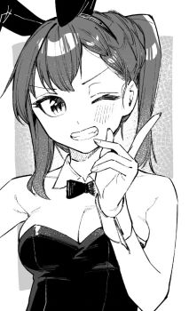 1girl animal_ears armpit_crease bare_shoulders blush commentary_request fake_animal_ears grey_background greyscale grin index_finger_raised kotobuki_hisako looking_at_viewer monochrome muchi_maro one_eye_closed playboy_bunny rabbit_ears seitokai_ni_mo_ana_wa_aru! smile solo two-tone_background upper_body