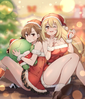 2girls :/ ;d absurdres asymmetrical_bangs back-to-back bare_shoulders black_skirt blonde_hair blurry blurry_background box breasts brown_eyes brown_hair christmas_tree ci31205 cleavage commentary_request crossed_bangs dress finger_to_own_chin fur-trimmed_dress fur-trimmed_headwear fur_trim gekota gift gift_box hair_behind_ear hair_between_eyes hat highres holding holding_gift holding_stuffed_toy indoors knees_up large_breasts long_hair looking_at_viewer medium_hair miniskirt misaka_mikoto multiple_girls one_eye_closed open_mouth pleated_skirt red_dress red_hat santa_costume santa_dress santa_hat shokuhou_misaki sitting skirt smile sparkling_eyes stuffed_animal stuffed_frog stuffed_toy toaru_kagaku_no_railgun toaru_majutsu_no_index