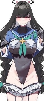 1girl ayatak0517 black_hair blue_archive blush braid breasts commentary_request cosplay frills hair_ornament hairclip halo highres holding holding_whip large_breasts leotard long_hair red_eyes ringed_eyes rio_(blue_archive) sailor_collar shimiko_(blue_archive) shimiko_(blue_archive)_(cosplay) shimiko_(magical)_(blue_archive) simple_background solo twin_braids white_background