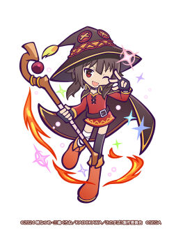Rule 34 | 1girl, bandaged leg, bandages, belt, black gloves, black thighhighs, boots, brown belt, brown boots, brown cape, brown hair, brown hat, cape, choker, commentary request, company name, dress, fingerless gloves, fire, gloves, hat, highres, holding, holding staff, knee boots, kono subarashii sekai ni shukufuku wo!, long sleeves, looking at viewer, megumin, official art, one eye closed, open mouth, puyopuyo, puyopuyo quest, red dress, red eyes, short dress, short hair, sidelocks, single thighhigh, smile, sparkle, staff, thighhighs, w, w over eye, white background, witch hat