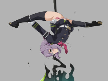 1girl ass axe battle_axe black_boots black_thighhighs blazer boots bow bowtie brown_eyes clothes_lift dancing gloves grey_background highres hiiragi_shinoa jacket knee_boots long_hair looking_at_viewer open_mouth ouhashi owari_no_seraph panties pleated_skirt pole_dancing purple_hair purple_ribbon red_bow red_bowtie ribbon skirt skirt_lift spread_legs thighhighs thighs underwear upside-down weapon white_gloves white_panties