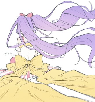 1girl bow dress facing_away floating_hair from_behind hair_bow hashtag-only_commentary highres iruchi long_hair manaka_laala pretty_series pripara purple_hair sitting solo twintails twitter_username very_long_hair white_background wind yellow_bow