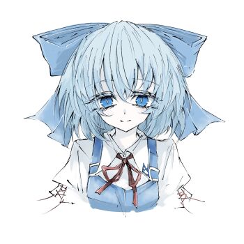 Rule 34 | 1girl, aizettonagi, blue bow, blue dress, blue eyes, blue hair, bow, cirno, collared shirt, commentary, dress, hair bow, highres, looking at viewer, missing wings, neck ribbon, pinafore dress, red ribbon, ribbon, shirt, simple background, sleeveless, sleeveless dress, solo, touhou, upper body, white background, white shirt
