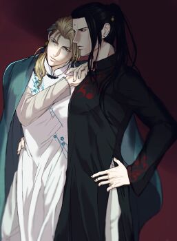 2boys alternate_costume alternate_hair_length alternate_hairstyle bindi black_hair blonde_hair blue_eyes chinese_clothes closed_mouth collar earrings final_fantasy final_fantasy_vii final_fantasy_vii_remake floral_print hand_on_another's_back hand_on_another's_shoulder hand_on_own_hip high_ponytail highres jewelry long_hair looking_to_the_side male_focus multiple_boys ojkuroneko ponytail red_eyes rufus_shinra square_enix standing tseng turks_(ff7)