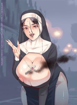 1girl areola_slip black_hair black_lips breasts burning cleavage cleavage_cutout clothing_cutout cosplay cross eyebrows fanbox_username habit halloween_costume highres large_breasts lipstick makeup mature_female mole mole_on_breast nipple_slip nipples nun habit open_mouth original patreon_username peakjump red_eyes rosary skindentation smoke solo subscribestar_username sweat thick_thighs thighs vampire