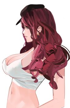 1girl breasts brown_eyes brown_hair cleavage cropped_shirt dorothea_arnault fire_emblem fire_emblem:_three_houses from_side hat highres j@ck large_breasts long_hair midriff navel nintendo simple_background solo tank_top upper_body white_background white_tank_top