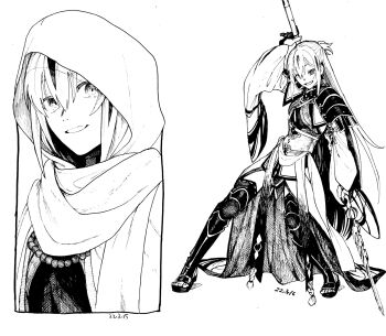 1girl armor bead_bracelet beads bracelet corset dated fate/grand_order fate_(series) grin highres holding holding_polearm holding_weapon hood hood_up japanese_armor japanese_clothes jewelry long_sleeves looking_at_viewer multicolored_hair multiple_views nagao_kagetora_(fate) noz_2to parted_lips polearm scarf shoulder_armor simple_background smile sode solo_focus streaked_hair weapon