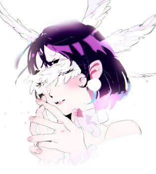 1girl alien_stage black_hair closed_eyes columbina_(genshin_impact) columbina_(genshin_impact)_(cosplay) commentary cosplay english_commentary genshin_impact head_wings highres parted_lips portrait short_hair solo sua_(alien_stage) uchiha_i_arts white_background white_wings wings