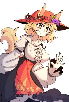 Rule 34 | 1girl, aki minoriko, animal ears, apron, black skirt, blonde hair, breasts, closed mouth, collared shirt, commentary, ears through headwear, english commentary, grape hat ornament, hat, highres, horse ears, horse girl, horse tail, kemonomimi mode, large breasts, long sleeves, mob cap, orange apron, orange eyes, orange hat, shirt, simple background, skirt, smile, smug suriipi, solo, tail, touhou, umamusume, waist apron, white background, white shirt