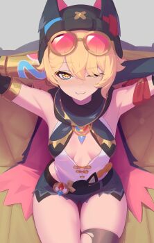 1girl absurdres animal_ear_headwear anonds31 armpits arms_behind_head arms_up bare_shoulders beanie belt black_gloves black_hat black_scarf black_shorts blonde_hair blush breasts detached_sleeves fake_animal_ears genshin_impact gloves goggles goggles_on_head halterneck hat highres jahoda_(genshin_impact) leotard long_hair looking_at_viewer medium_breasts one_eye_closed prosthesis prosthetic_arm scarf short_shorts shorts sitting smile solo thighs white_leotard yellow_eyes