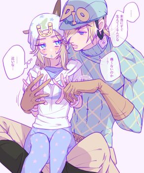 1boy 1girl blonde_hair blue_eyes blue_lips diego_brando genderswap genderswap_(mtf) gloves hat highres hood hoodie johnny_joestar jojo_no_kimyou_na_bouken lips lipstick makeup medium_hair pants simple_background star_(symbol) star_print steel_ball_run yuki_jj