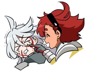 Rule 34 | > <, 2girls, blood, blood on face, blood on hands, clenched teeth, crying, drawing on another's face, grey hair, gundam, gundam aerial slap (meme), gundam suisei no majo, hairband, mecha pilot suit, meme, miorine rembran, multiple girls, normal suit (gundam), red hair, spacesuit, suletta mercury, teeth, tsunashima shirou, white background