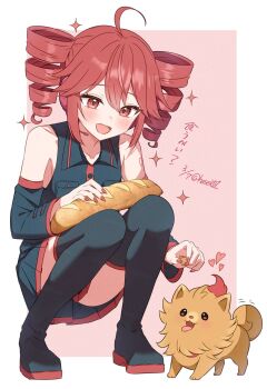 1girl :d ahoge baguette bare_shoulders black_boots black_shirt black_skirt black_sleeves blush boots border bread buttons collared_shirt commentary dated detached_sleeves double-parted_bangs drill_hair food full_body hair_between_eyes hasei_(hasei01) hashtag-only_commentary highres holding holding_food kasane_teto kasane_teto_(utau) long_sleeves miniskirt nail_polish nintendo number_tattoo open_mouth outside_border pink_background pleated_skirt pokemon pokemon_(creature) pombon red_eyes red_hair red_nails shirt short_hair shoulder_tattoo simple_background skirt sleeveless sleeveless_shirt smile sparkle squatting tattoo thigh_boots twin_drills twitter_username utau white_border