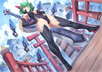 1girl armpits black_boots black_leotard boots breasts bridge cameltoe cleavage_cutout clothing_cutout cloud cloudy_sky curly_hair day fantasy floating floating_object floating_weapon full_body fur_trim gluteal_fold greatsword green_eyes green_hair hair_between_eyes hands_on_own_hips high_heel_boots high_heels highleg highleg_leotard highres kunai leotard levitation magic mogudan monster_hunter_(series) one-punch_man outdoors parted_lips psychic short_hair sketch sky small_breasts solo standing sword tatsumaki telekinesis thigh_boots thighhighs torii weapon weapon_on_back wooden_bridge