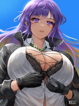 1girl absurdres alternate_costume beads black_bra black_gloves black_jacket blonde_hair bra breasts cleavage collared_shirt commentary edz_drawz english_commentary gloves gradient_hair highres hijiri_byakuren jacket large_breasts long_hair long_sleeves looking_at_viewer multicolored_hair open_clothes open_jacket open_mouth partially_unbuttoned prayer_beads purple_eyes purple_hair revision shirt solo touhou underwear upper_body white_shirt