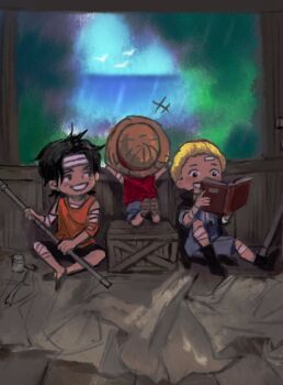 +++ 3boys aged_down bandages black_hair blonde_hair blue_sky brothers child commentary freckles hat highres insect_candy male_focus monkey_d._luffy multiple_boys one_piece orange_tank_top portgas_d._ace red_shirt sabo_(one_piece) sandals shirt short_hair siblings sky smile straw_hat symbol-only_commentary tank_top