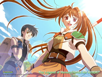 00s 1boy 1girl 2007 ahoge backpack bag black_hair brown_eyes brown_hair company_name copyright_name cropped_jacket dress eiyuu_densetsu estelle_bright falcom gloves hair_intakes joshua_bright long_hair official_art orange_dress orange_skirt shirt skirt smile sora_no_kiseki staff twintails