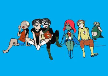 2girls 4boys aged_down aqua_lad artemis_crock barefoot belt black_hair blonde_hair blue_eyes boots cape chibi colored_skin dark_skin dc_comics dick_grayson domino_mask eye_mask gloves green_eyes green_skin kaldur'ahm kid_flash lightning_bolt_symbol mask miss_martian multiple_boys multiple_girls pale_skin robin_(dc) s_shield shirt shoes sitting superboy superhero_costume t-shirt tattoo wally_west yawning yellow_footwear young_justice young_justice:_invasion