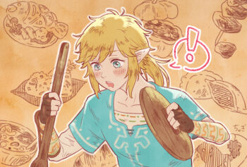 ! 1boy blonde_hair blue_eyes blue_tunic blush bracer brown_background check_commentary collarbone commentary_request drooling fingerless_gloves food food-themed_background gloves holding_lid legend_of_nappo link long_sleeves male_focus medium_hair mouth_drool nintendo pointy_ears ponytail shirt solo spoken_exclamation_mark the_legend_of_zelda the_legend_of_zelda:_breath_of_the_wild tunic undershirt upper_body white_shirt wooden_ladle wooden_lid
