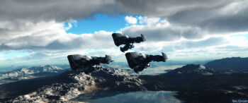3d aircraft airplane artist_name blue_sky cloud cloudy_sky commentary cyclops_(eve_online) day english_commentary eve_online fleet flying gallente_federation_(eve_online) heavy_fighter_(eve_online) highres lake landscape military_vehicle mountain no_humans outdoors realistic scenery science_fiction sky spacecraft starfighter vankaiser vehicle_focus water