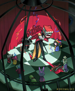 1boy 3hkowalski ambiguous_red_liquid animal_ears asymmetrical_horns behind_bars black_hat black_pants black_shoes blue_bow blue_eyes blue_hat blush_stickers bow buttons cage caine_(the_amazing_digital_circus) cane character_doll checkered_floor chess_piece coat coattails comedy_and_tragedy_masks commentary curtains dentures detached_eyes doll dress english_commentary english_text eye_in_mouth full_body fur-trimmed_robe fur_trim gangle_(the_amazing_digital_circus) gloves green_eyes hair_bow hat hat_bell heterochromia highres holding holding_cane holding_unworn_clothes holding_unworn_hat horns in_cage jax_(the_amazing_digital_circus) jester_cap king_(chess) lapels looking_up male_focus mask notched_lapels overalls pants pink_overalls pomni_(the_amazing_digital_circus) purple_robe queen_(chess) queenie_(the_amazing_digital_circus) rabbit_ears rabbit_tail ragatha_(the_amazing_digital_circus) red_bow red_coat red_dress red_hair red_hat red_ribbon red_robe ribbit_(the_amazing_digital_circus) ribbon robe shoes solo standing striped_hat tail tailcoat teeth the_amazing_digital_circus top_hat triangle twitter_username two-tone_hat unworn_hat unworn_headwear white_gloves white_mask zooble_(the_amazing_digital_circus)