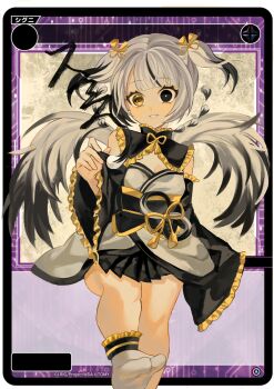 1girl black_eyes black_hair blunt_bangs breasts cleavage eyelashes frills grin hashtag-only_commentary heterochromia highres multicolored_hair obi sash short_twintails skirt smile tabi twintails two-tone_hair usagimarumei white_hair wixoss yellow_eyes