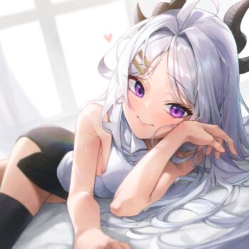 Rule 34 | 1girl, absurdres, black horns, black skirt, black thighhighs, blue archive, blush, breasts, closed mouth, collared shirt, commentary request, demon horns, grey hair, hair spread out, heart, highres, hina (blue archive), horns, korean commentary, long hair, looking at viewer, lying, multiple horns, on side, pencil skirt, purple eyes, revision, shirt, sideboob, skirt, sleeveless, sleeveless shirt, small breasts, solo, thighhighs, um 111, very long hair, white shirt