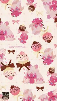 Rule 34 | bow, brown bow, candy, chocolate, closed mouth, colored skin, evolutionary line, fangs, food, highres, holding, holding candy, holding food, holding lollipop, lollipop, meme (sleepsheep), nintendo, open mouth, pink bow, pink skin, pokemon, pokemon (creature), pokemon focus, skin fangs, smile, tinkatink, tinkaton, tinkatuff, white bow