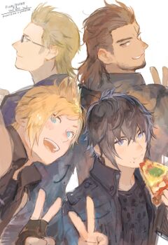 4boys beard black_gloves black_hair black_jacket black_shirt blonde_hair blue_eyes breasts brown_eyes brown_hair chinstrap_beard closed_mouth copyright_name facial_hair final_fantasy final_fantasy_xv fingerless_gloves food food_on_face freckles gladiolus_amicitia glasses gloves hair_between_eyes hair_slicked_back highres holding holding_food holding_pizza ignis_scientia j2_path jacket light_blush light_smile male_focus medium_hair multiple_boys noctis_lucis_caelum open_mouth parted_lips pizza pizza_slice prompto_argentum shirt short_hair sideboob smile spiked_hair upper_body v white_background
