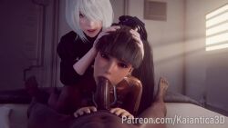 1boy 2b_(nier:automata) 2girls 3d animated assisted_fellatio black_hair dark-skinned_male dark_skin deepthroat eve_(stellar_blade) fellatio hand_on_another&#039;s_head highres kaiantica3d long_hair lying multiple_girls nier:automata nier_(series) on_back oral patreon_username penis ponytail pov skin_suit_(stellar_blade) sound stellar_blade uncensored video watermark web_address white_hair