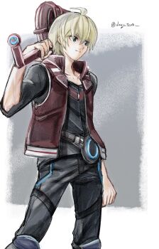1boy blonde_hair blue_eyes full_body gloves highres ikki_(degutaro_) looking_at_viewer male_focus monado short_hair shulk_(xenoblade) simple_background sword vest weapon xenoblade_chronicles_1 xenoblade_chronicles:_future_connected xenoblade_chronicles_(series)