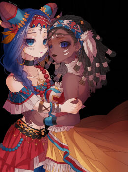 2girls absurdres alternate_costume bare_back bare_shoulders bead_necklace beads black_background black_choker blue_eyes blue_hair blue_skirt box_braids braid brown_hair brown_lips choker corset cowboy_shot crop_top dark-skinned_female dark_skin earrings eyeshadow facial_mark feather_hair_ornament feathers fiona_gilman fiona_gilman_(misfortune) floating_clothes flower frilled_corset frills frown goat_horns hair_flower hair_ornament hairband hanabata0320 hand_on_another's_arm highres hoop_earrings horns identity_v jewelry looking_at_viewer lower_eyelashes_only makeup multicolored_corset multicolored_skirt multiple_girls navel necklace official_alternate_costume patricia_dorval pentagram_necklace pink_lips print_hairband purple_eyeshadow raised_inner_eyebrows red_nails red_skirt ring side_braid single_braid skirt tooth_earrings twitter_username white_skirt wristband yellow_skirt