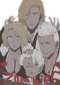 1girl 3boys aqua_eyes bleach bleach:_sennen_kessen-hen blonde_hair breasts cleavage collarbone commentary_request dark-skinned_female dark-skinned_male dark_skin frown hair_over_one_eye hitsugaya_toushirou ikuno_taso japanese_clothes jewelry large_breasts matsumoto_rangiku mole mole_under_mouth muguruma_kensei multiple_boys necklace official_alternate_skin_color one_eye_closed ootoribashi_roujuurou shihakusho white_hair yellow_eyes zombie