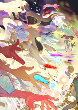 arceus artist_name azelf bright_pupils closed_mouth colored_sclera e_volution fingernails gen_4_pokemon green_sclera legendary_pokemon mesprit mythical_pokemon nintendo orb pokemon pokemon_(creature) red_eyes uxie watermark white_pupils