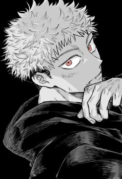 Rule 34 | 1boy, black background, blood, commentary request, dirty, dirty face, greyscale, hands on own face, hood, hood down, hoodie, itadori yuuji, jujutsu kaisen, looking at viewer, male focus, monochrome, nay bb, short hair, sideburns, simple background, solo, spot color, undercut, wiping blood