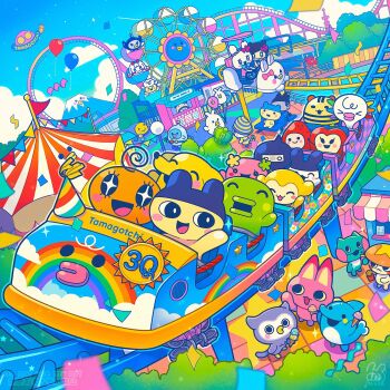 &gt;_&lt; +_+ :3 :d ^_^ balloon blush_stickers character_request closed_eyes cloud commentary_request copyright_name day ferris_wheel flag food highres holding holding_food holding_ice_cream ice_cream itousa kuchipatchi mametchi memetchi no_humans open_mouth outdoors pochitchi roller_coaster signature sitting smile standing tamagotchi tree watermark