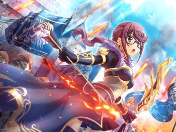 1girl 2others armor arrow_(projectile) black_gloves black_skirt bow_(weapon) building fire flag fur_trim game_cg glasses gloves grey_eyes helm helmet holding holding_arrow holding_bow_(weapon) holding_weapon hoshimi_junna long_hair multiple_others official_art open_mouth ponytail purple_hair shoujo_kageki_revue_starlight shoujo_kageki_revue_starlight_-re_live- showgirl_skirt sidelocks skirt solo_focus standing upper_body weapon
