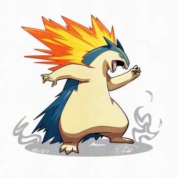 blue_fur fire full_body gen_2_pokemon mistray-art nintendo no_humans open_mouth pokemon pokemon_(creature) signature simple_background solo standing two-tone_fur typhlosion white_background yellow_fur