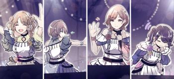 4girls asakura_toru black_hair bowing brown_hair closed_eyes collage commentary_request concert dress film_grain flower fukumaru_koito gradient_hair hair_ornament highres higuchi_madoka ichikawa_hinana idolmaster idolmaster_shiny_colors kusaka_io long_hair microphone mole mole_under_eye multicolored_hair multiple_girls noctchill_(idolmaster) open_mouth purple_dress purple_eyes rose short_hair twintails two-tone_dress upper_body waving white_dress