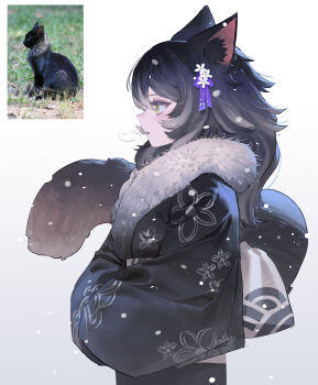 1girl absurdres animal_ears black_hair black_kimono cat cat_ears cat_girl cat_tail from_side fur-trimmed_kimono fur_collar fur_trim hair_ornament highres japanese_clothes kimono long_hair original photo-referenced print_kimono reference_inset solo tail white_background wonbin_lee yellow_eyes