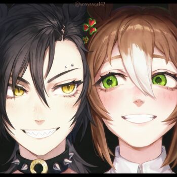 2girls absurdres air_shakur_(umamusume) animal_ears asymmetrical_bangs asymmetrical_hair black_collar blush brown_hair close-up clover clover_hair_ornament collar collared_shirt commentary ear_ornament english_commentary eye_contact eyebrow_piercing face_piercing fine_motion_(umamusume) green_pupils grin hair_between_eyes hair_ornament highres horse_ears horse_girl horseshoe_ornament light_blush long_hair looking_at_another medium_hair multicolored_hair multiple_girls piercing portrait sharp_teeth shirt slit_pupils smile sonyangel47 spiked_collar spikes teeth tsurime two-tone_hair umamusume white_shirt yellow_pupils