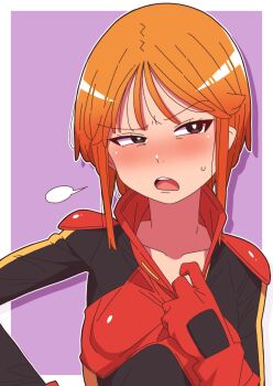 1girl absurdres border breasts collarbone gloves gundam gundam_zz highres light_blush mecha_pilot_suit military_uniform neo_zeon normal_suit_(gundam) onimaru_(onimal7802) orange_hair pulling_own_clothes purple_background puru_two red_gloves science_fiction short_hair sigh small_breasts solo standing upper_body white_border