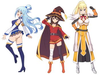 3girls aqua_(konosuba) armor ass ass_focus bad_tag bandages bare_legs belt blonde_hair blue_eyes blue_hair blush boots bottomless brown_hair cape darkness_(konosuba) dress gloves green_eyes hat kadokawa kadokawa_shoten knight kono_subarashii_sekai_ni_shukufuku_wo! legs loli long_boots long_hair magician medium_hair megumin multiple_girls nanikairu no_panties petite ponytail red_eyes size_difference skirt smile socks studio_deen top_hat