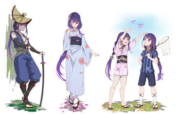 2girls absurdres aged_down alternate_costume alternate_hairstyle alternate_universe amigasa arms_up blue_kimono blue_pupils blue_sash blue_shirt blue_shorts blue_sky blunt_bangs breasts bug butterfly child cleavage collarbone commentary_request cosplay crystalfly_(genshin_impact) flower flower_ornament from_side genshin_impact gradient_hair grass hair_ornament hair_ribbon hat highres holding holding_sword holding_weapon huahong_(user_asrp7337) insect japanese_clothes katana kimono leaning_back long_hair long_sleeves looking_at_viewer looking_up low-tied_long_hair low_ponytail makoto_(genshin_impact) mole mole_under_eye multicolored_eyes multicolored_hair multiple_girls one_eye_closed open_mouth outdoors ponytail purple_butterfly purple_eyes purple_flower purple_hair purple_kimono purple_sash raiden_shogun ribbon sash shade shirt short_sleeves shorts siblings sisters sky sleeveless standing streaked_hair sword toes toothpick twins walking weapon white_background wide_sleeves wisteria