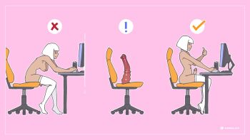 1futa breasts chair computer dark-skinned_female dark_skin desk dildo erection futanari highres horse_dildo huge_dildo hunched_over implied_object_insertion leaning_forward medium_breasts nude office_chair original penis pink_background sequential sex_toy sitting swivel_chair tailbox thighhighs thumbs_up white_hair