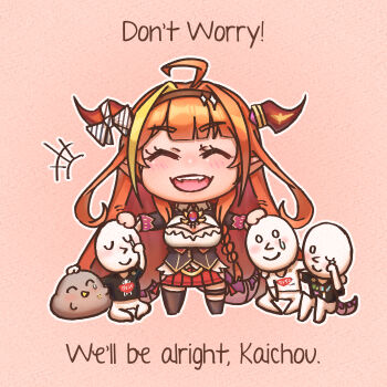 Rule 34 | +++, 1girl, 4others, absurdres, ahoge, black shirt, black skirt, black thighhighs, bow, braid, breasts, brooch, chibi, closed eyes, commentary, dragon girl, dragon horns, dragon tail, english commentary, english text, fangs, hairband, hand on another's head, highres, hololive, horn bow, horn ornament, horns, jewelry, kiryu coco, kiryu coco (1st costume), kukyuu no ue, long hair, medium breasts, multiple others, o o, orange hair, outline, pointy ears, ryoushi chicken soup grass big chungus, shirt, single braid, skirt, smile, t-shirt, tail, teardrop, thighhighs, virtual graduation commemoration, virtual youtuber, white outline