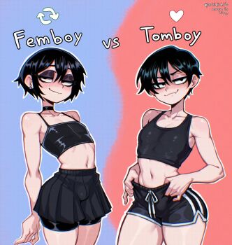 1boy 1girl bare_shoulders bike_shorts black_eyeshadow black_hair black_skirt black_sports_bra bulge dolphin_shorts eyeshadow highres like_and_retweet makeup original osidid pleated_skirt short_hair shorts simple_background skirt smile smug sports_bra standing tomboy trap