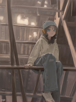 1girl absurdres attic backlighting beanie blue_eyes blurry closed_mouth commentary_request denim depth_of_field expressionless from_below full_body hat headphones highres hood hoodie jeans kouroul long_sleeves medium_hair night original oversized_clothes pale_skin pants parted_bangs shoes sidelocks signature sitting sneakers solo torn_clothes torn_jeans torn_pants